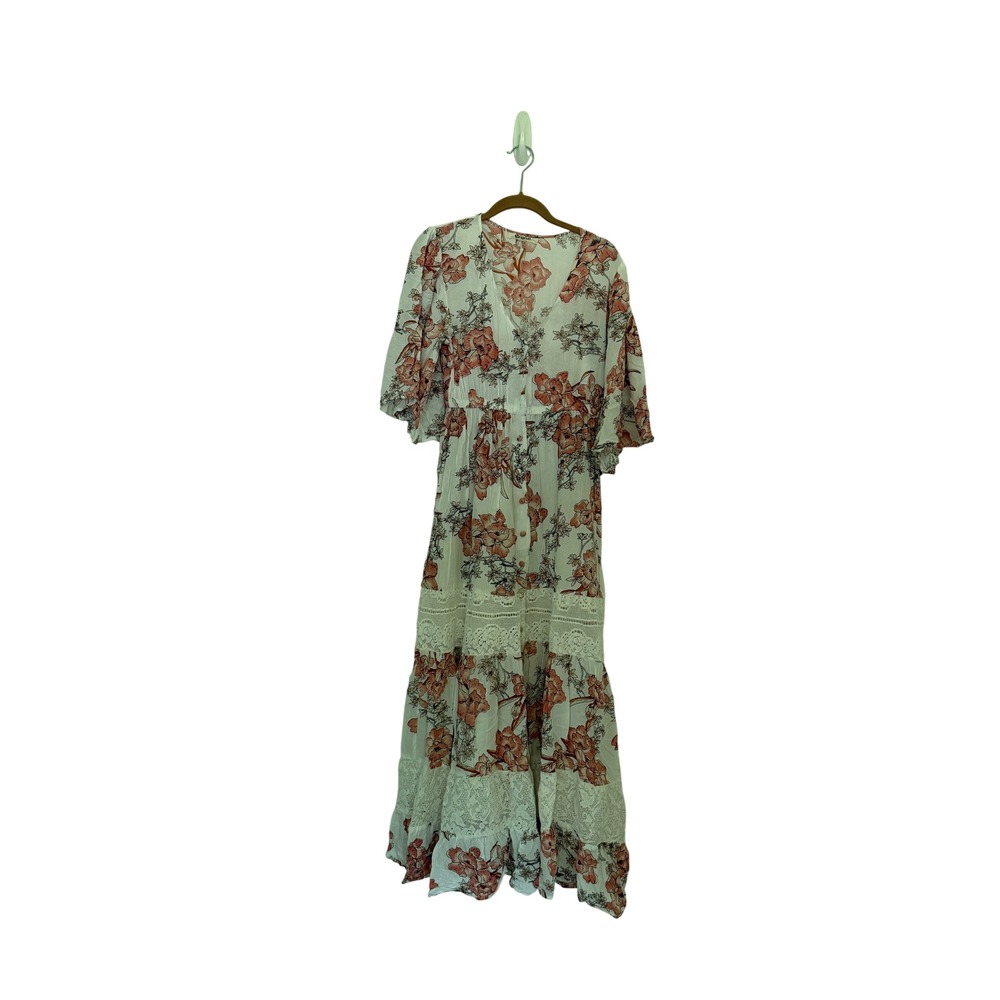 Rip Curl Women Floral Maxi Dress White Pink Lace Tiered Boho V-Neck Medium